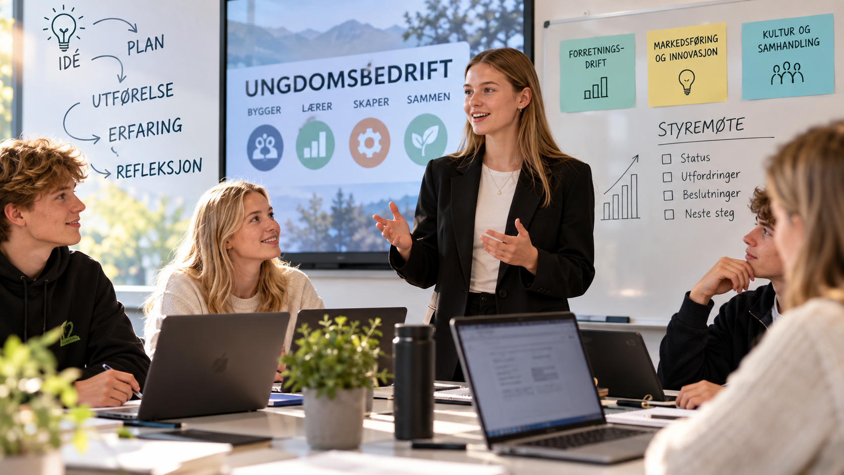 Illustrasjon fra et ungdomsbedrift-styremøte med elevene rundt bordet